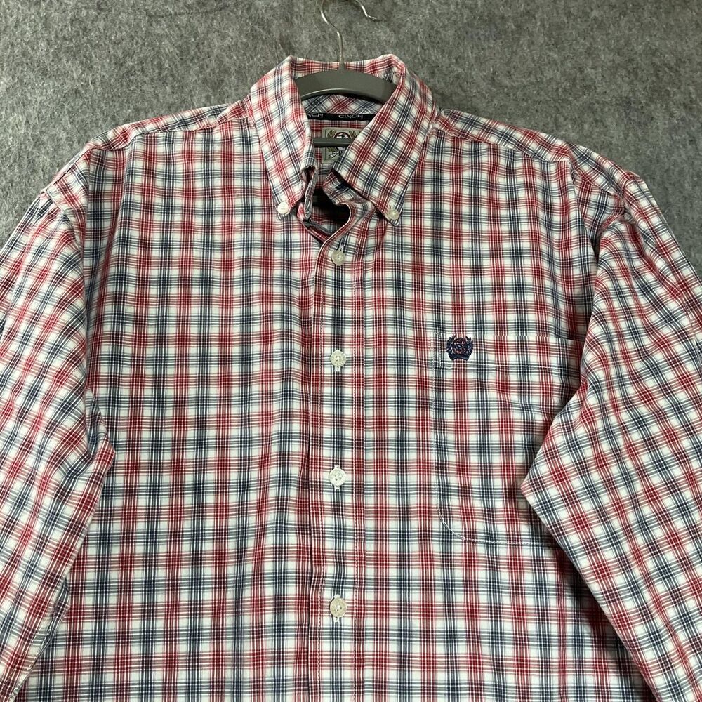 Cinch Shirt Mens Medium Red Blue White Plaid Button Down Long Sleeve Western - Picture 3 of 11